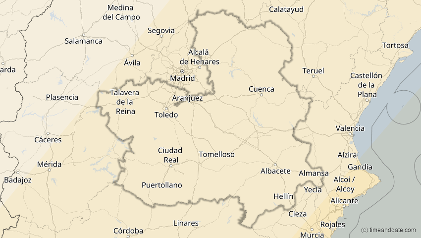 A map of Kastilien-La Mancha, Spanien, showing the path of the 30. Apr 2060 Totale Sonnenfinsternis