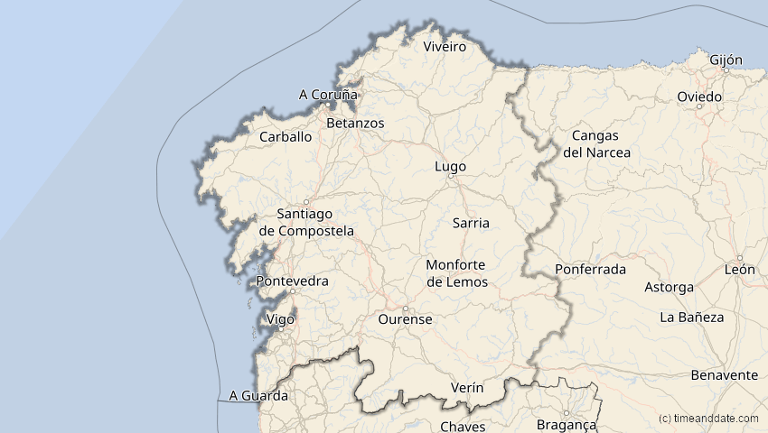A map of Galicien, Spanien, showing the path of the 30. Apr 2060 Totale Sonnenfinsternis