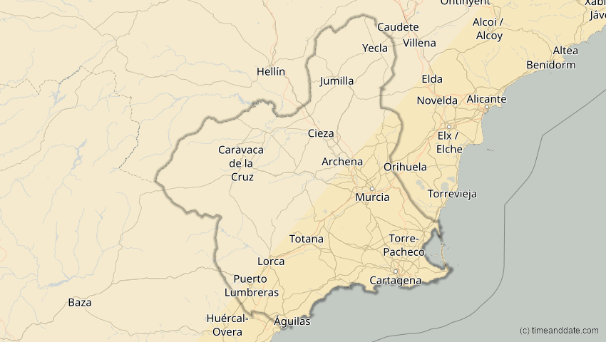 A map of Murcia, Spanien, showing the path of the 30. Apr 2060 Totale Sonnenfinsternis