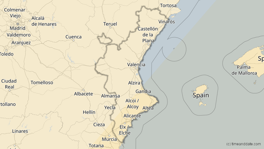 A map of Valencia, Spanien, showing the path of the 30. Apr 2060 Totale Sonnenfinsternis