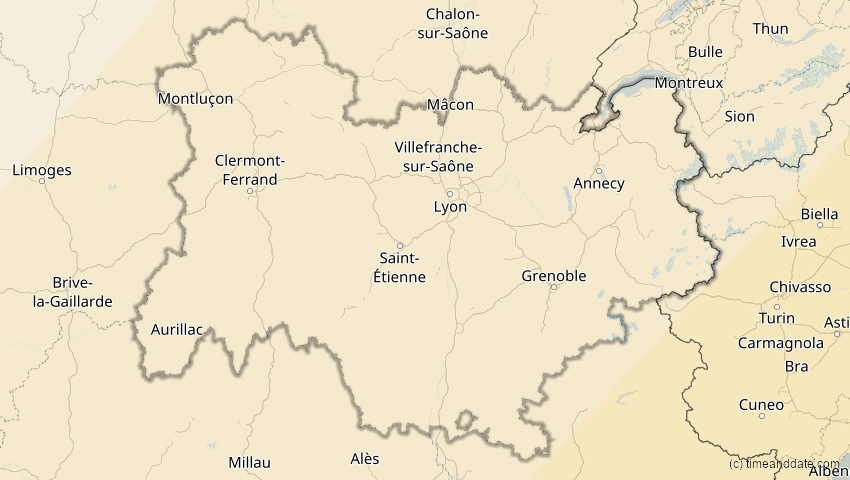 A map of Auvergne-Rhône-Alpes, Frankreich, showing the path of the 30. Apr 2060 Totale Sonnenfinsternis