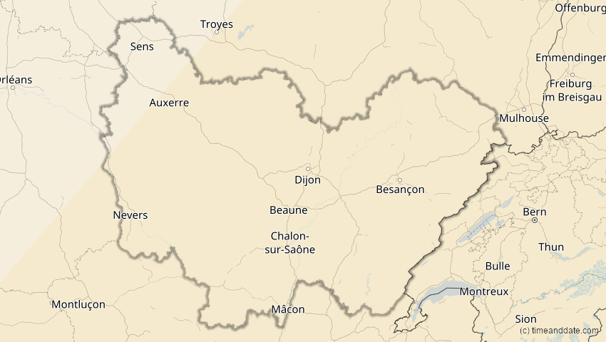 A map of Bourgogne-Franche-Comté, Frankreich, showing the path of the 30. Apr 2060 Totale Sonnenfinsternis