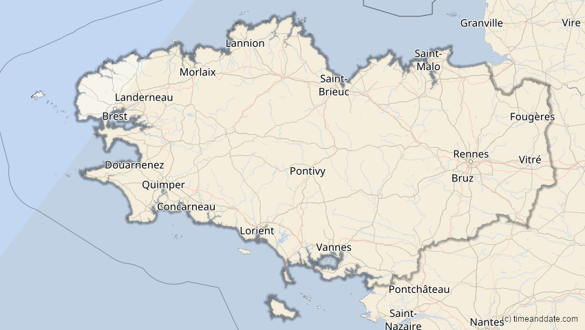 A map of Bretagne, Frankreich, showing the path of the 30. Apr 2060 Totale Sonnenfinsternis