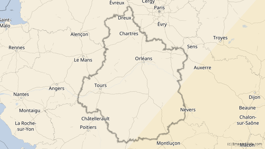 A map of Centre-Val de Loire, Frankreich, showing the path of the 30. Apr 2060 Totale Sonnenfinsternis