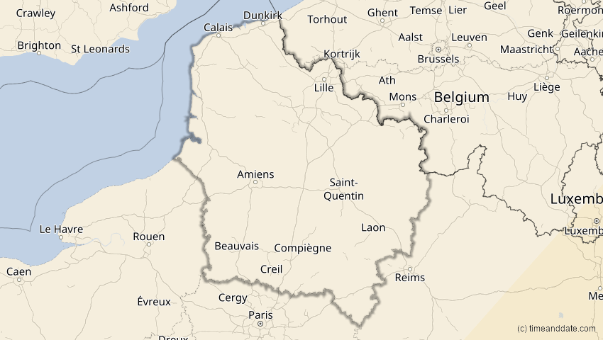 A map of Hauts-de-France, Frankreich, showing the path of the 30. Apr 2060 Totale Sonnenfinsternis