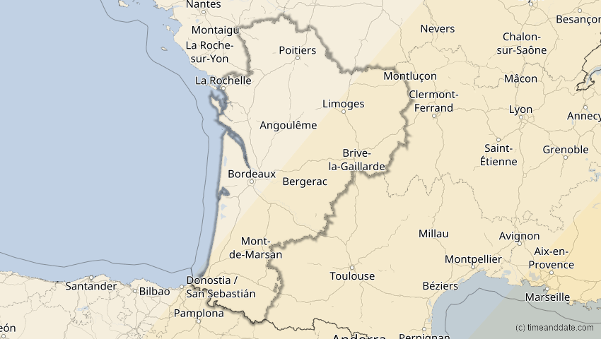 A map of Nouvelle-Aquitaine, Frankreich, showing the path of the 30. Apr 2060 Totale Sonnenfinsternis