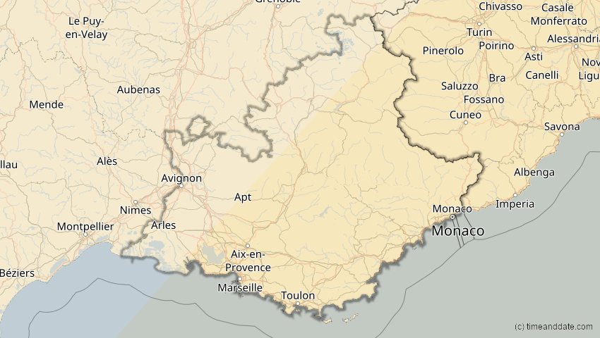 A map of Provence-Alpes-Côte d’Azur, Frankreich, showing the path of the 30. Apr 2060 Totale Sonnenfinsternis