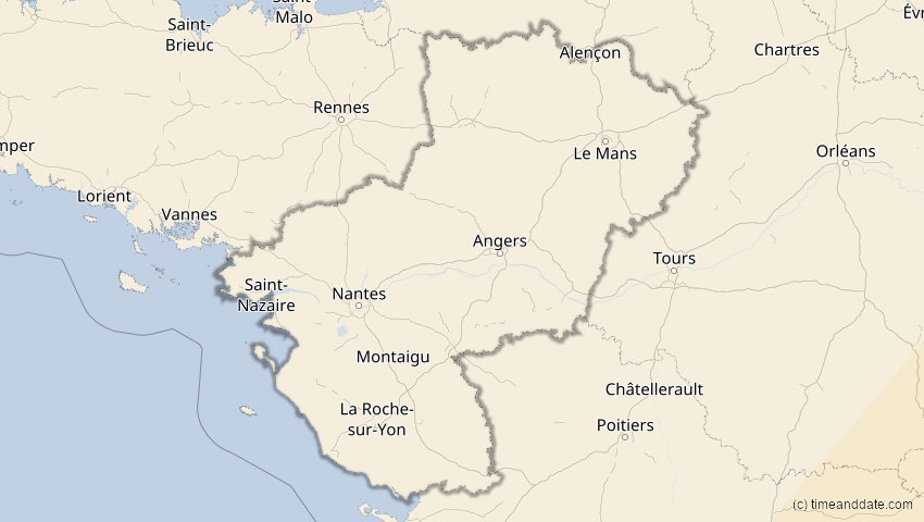 A map of Pays de la Loire, Frankreich, showing the path of the 30. Apr 2060 Totale Sonnenfinsternis