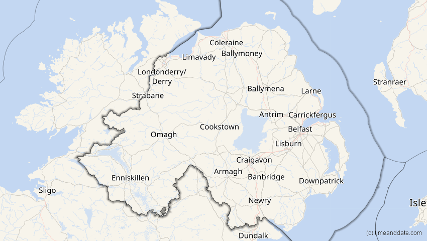 A map of Nordirland, Großbritannien, showing the path of the 30. Apr 2060 Totale Sonnenfinsternis