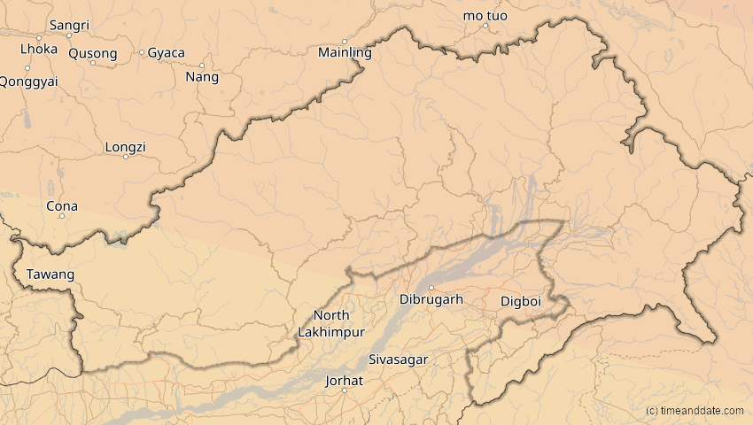 A map of Arunachal Pradesh, Indien, showing the path of the 30. Apr 2060 Totale Sonnenfinsternis
