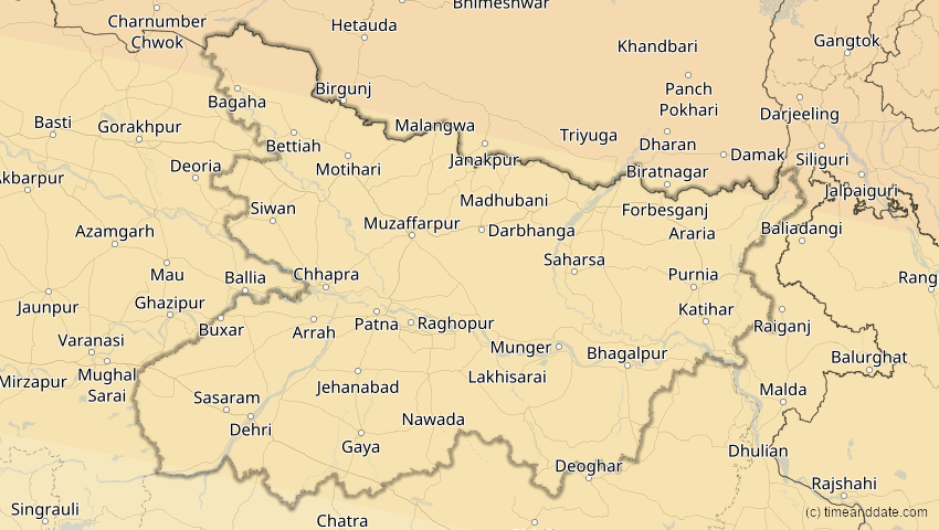 A map of Bihar, Indien, showing the path of the 30. Apr 2060 Totale Sonnenfinsternis