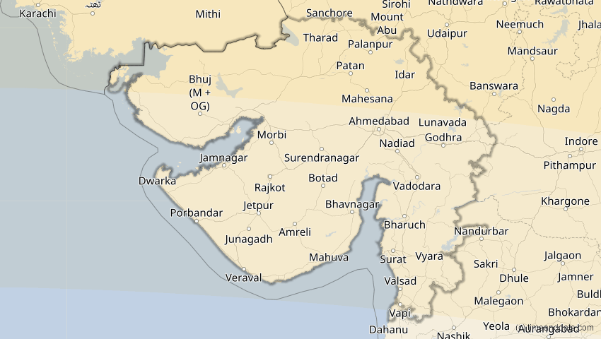 A map of Gujarat, Indien, showing the path of the 30. Apr 2060 Totale Sonnenfinsternis