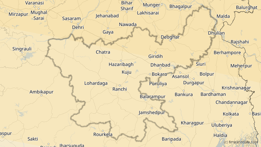 A map of Jharkhand, Indien, showing the path of the 30. Apr 2060 Totale Sonnenfinsternis