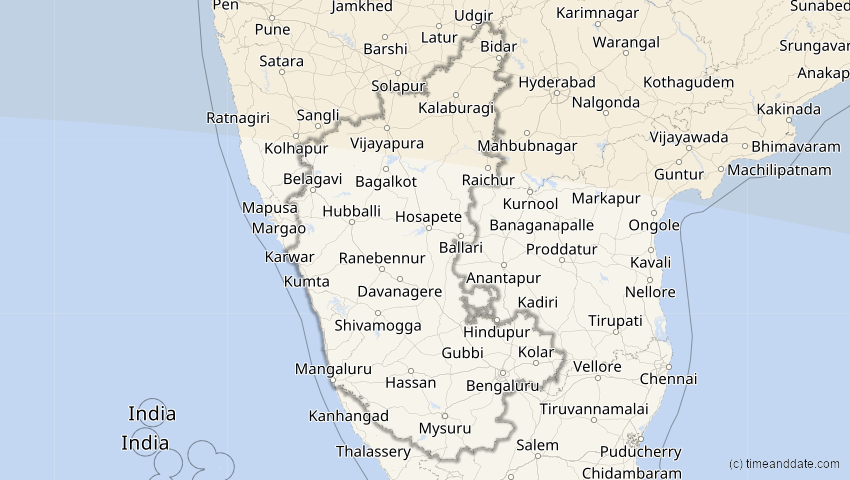 A map of Karnataka, Indien, showing the path of the 30. Apr 2060 Totale Sonnenfinsternis