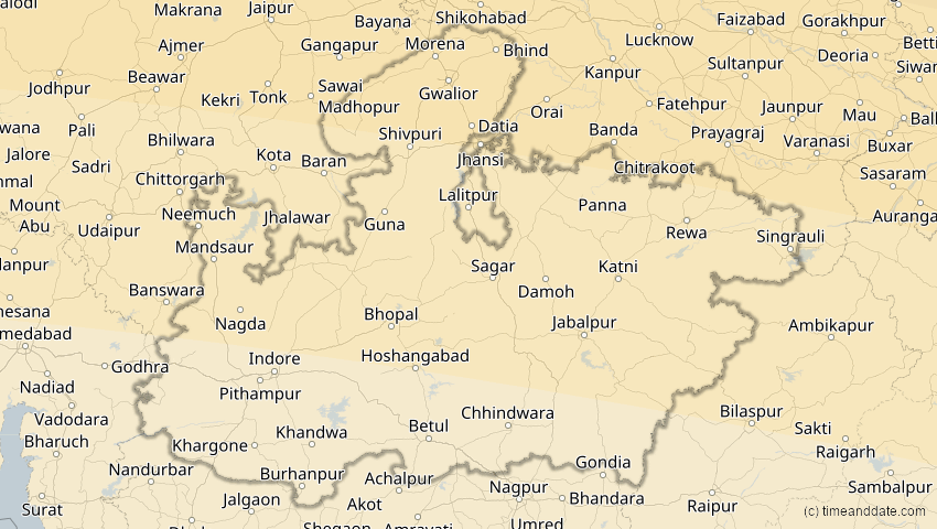 A map of Madhya Pradesh, Indien, showing the path of the 30. Apr 2060 Totale Sonnenfinsternis