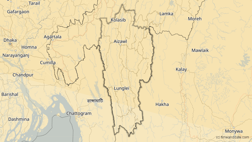A map of Mizoram, Indien, showing the path of the 30. Apr 2060 Totale Sonnenfinsternis