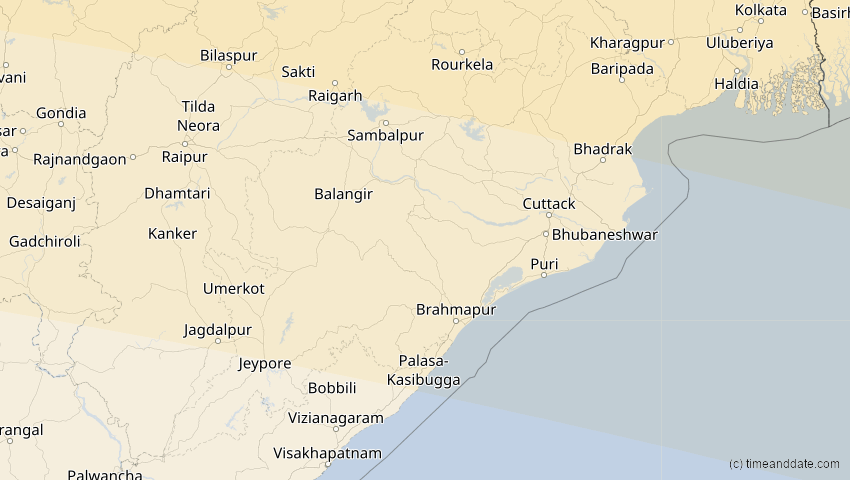 A map of Odisha, Indien, showing the path of the 30. Apr 2060 Totale Sonnenfinsternis