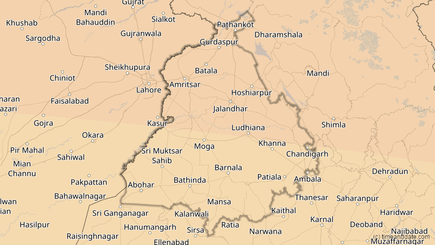 A map of Punjab, Indien, showing the path of the 30. Apr 2060 Totale Sonnenfinsternis