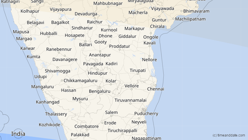 A map of Pondicherry, Indien, showing the path of the 30. Apr 2060 Totale Sonnenfinsternis