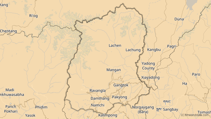 A map of Sikkim, Indien, showing the path of the 30. Apr 2060 Totale Sonnenfinsternis