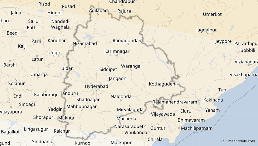 A map of Telangana, Indien, showing the path of the 30. Apr 2060 Totale Sonnenfinsternis