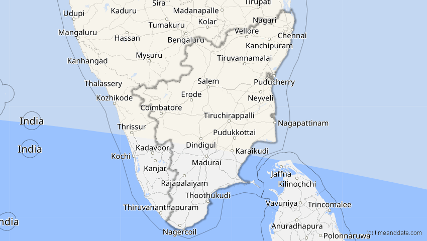 A map of Tamil Nadu, Indien, showing the path of the 30. Apr 2060 Totale Sonnenfinsternis