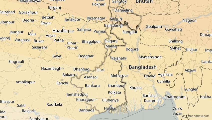 A map of Westbengalen, Indien, showing the path of the 30. Apr 2060 Totale Sonnenfinsternis