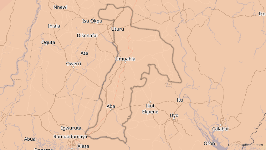 A map of Abia, Nigeria, showing the path of the 30. Apr 2060 Totale Sonnenfinsternis