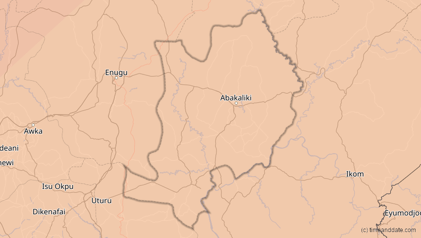 A map of Ebonyi, Nigeria, showing the path of the 30. Apr 2060 Totale Sonnenfinsternis