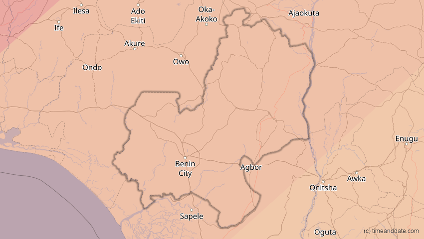 A map of Edo, Nigeria, showing the path of the 30. Apr 2060 Totale Sonnenfinsternis