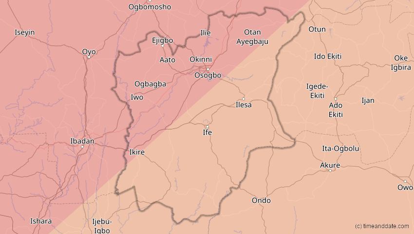 A map of Osun, Nigeria, showing the path of the 30. Apr 2060 Totale Sonnenfinsternis