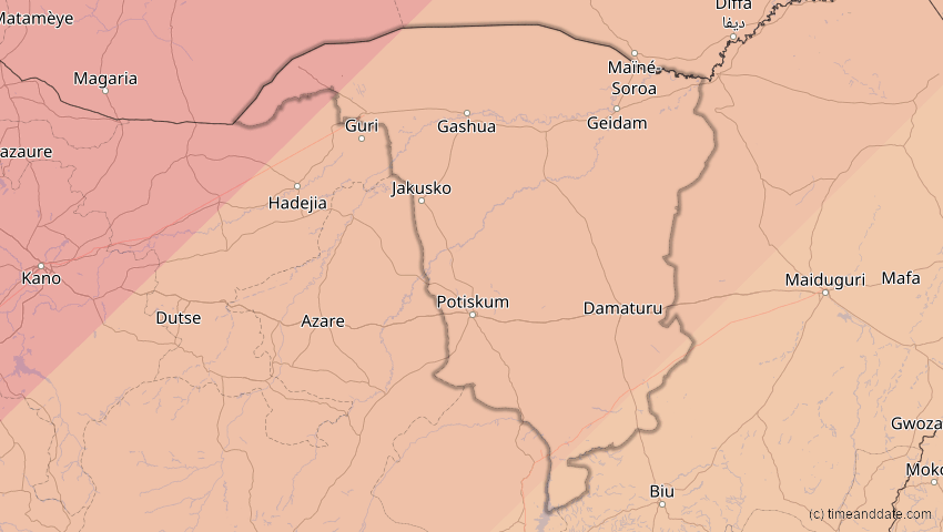A map of Yobe, Nigeria, showing the path of the 30. Apr 2060 Totale Sonnenfinsternis
