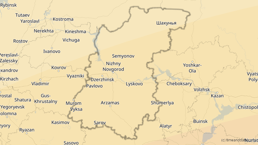 A map of Nischni Nowgorod, Russland, showing the path of the 30. Apr 2060 Totale Sonnenfinsternis