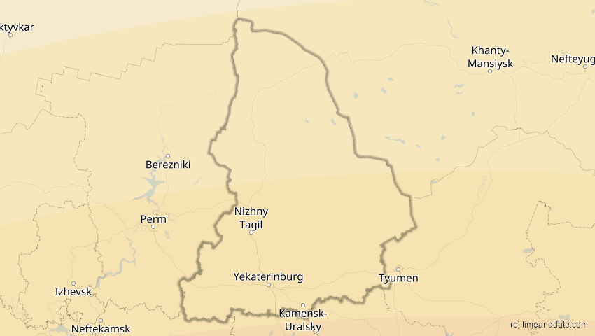 A map of Swerdlowsk, Russland, showing the path of the 30. Apr 2060 Totale Sonnenfinsternis
