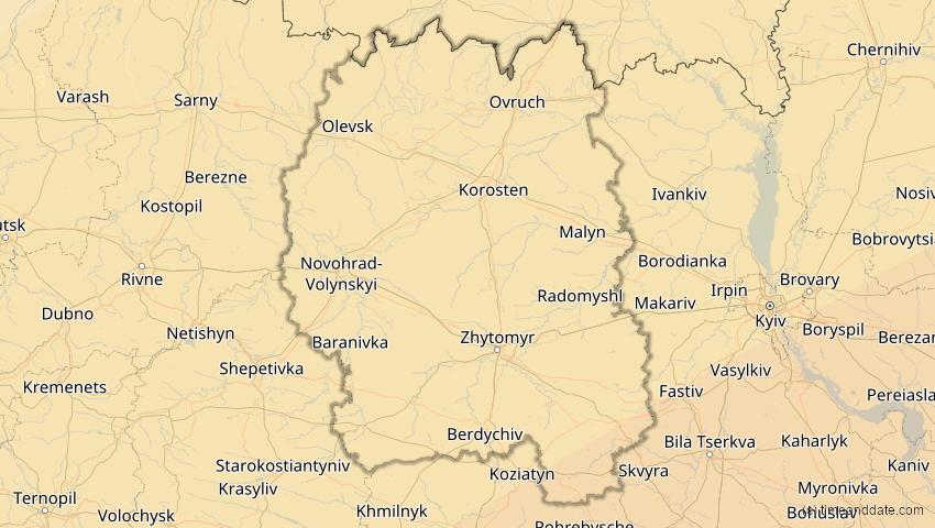 A map of Schytomyr, Ukraine, showing the path of the 30. Apr 2060 Totale Sonnenfinsternis