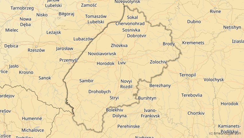 A map of Lwiw, Ukraine, showing the path of the 30. Apr 2060 Totale Sonnenfinsternis