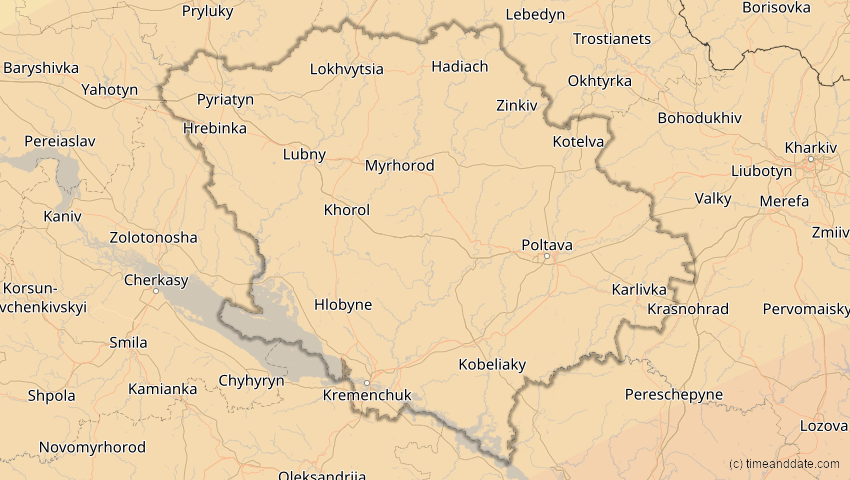 A map of Poltawa, Ukraine, showing the path of the 30. Apr 2060 Totale Sonnenfinsternis