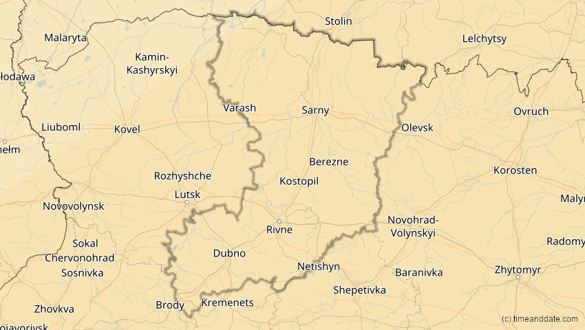 A map of Riwne, Ukraine, showing the path of the 30. Apr 2060 Totale Sonnenfinsternis