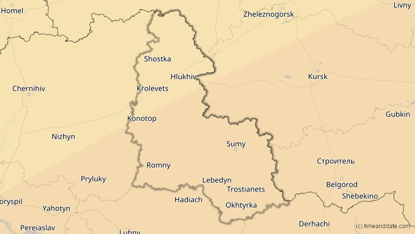 A map of Sumy, Ukraine, showing the path of the 30. Apr 2060 Totale Sonnenfinsternis
