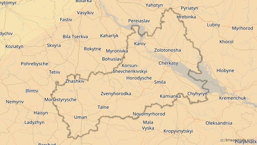 A map of Tscherkassy, Ukraine, showing the path of the 30. Apr 2060 Totale Sonnenfinsternis