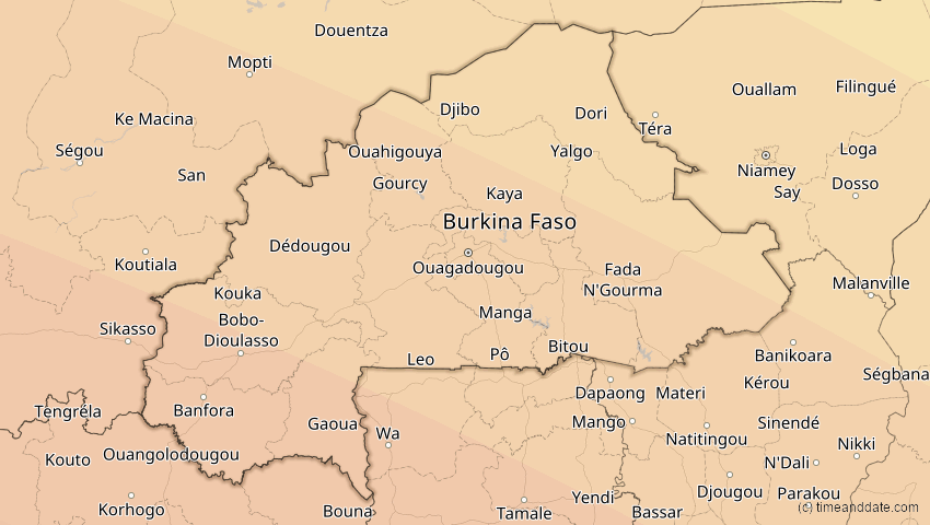 A map of Burkina Faso, showing the path of the 24. Okt 2060 Ringförmige Sonnenfinsternis