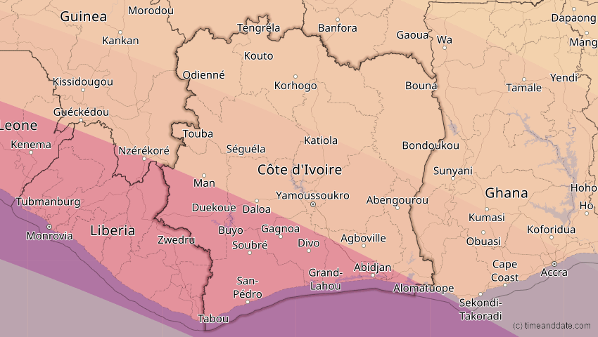 A map of Elfenbeinküste (Côte d'Ivoire), showing the path of the 24. Okt 2060 Ringförmige Sonnenfinsternis