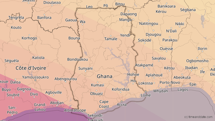 A map of Ghana, showing the path of the 24. Okt 2060 Ringförmige Sonnenfinsternis