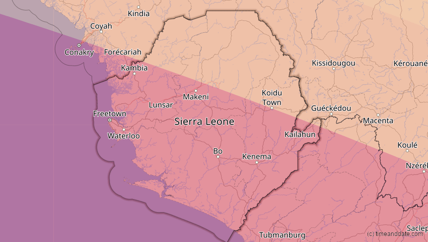 A map of Sierra Leone, showing the path of the 24. Okt 2060 Ringförmige Sonnenfinsternis