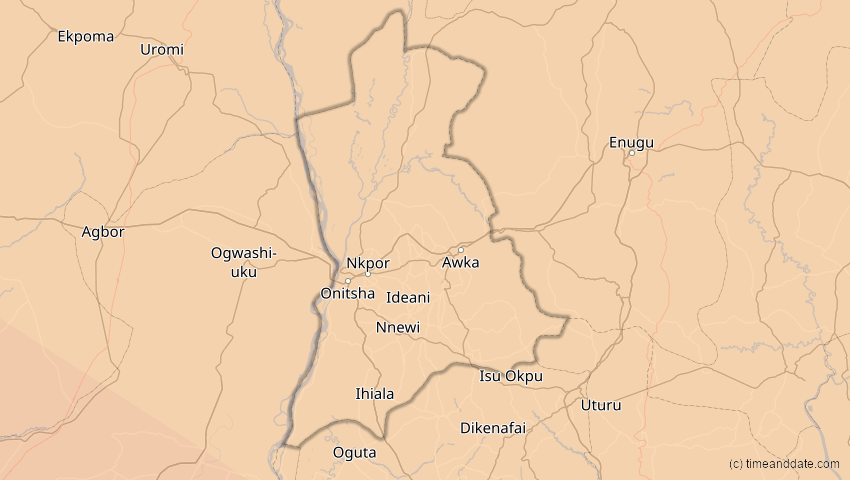 A map of  Anambra, Nigeria, showing the path of the 24. Okt 2060 Ringförmige Sonnenfinsternis