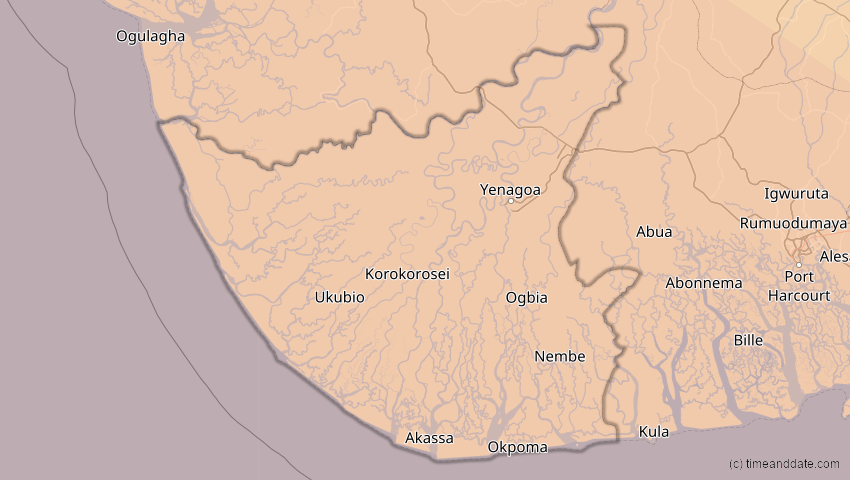 A map of Bayelsa, Nigeria, showing the path of the 24. Okt 2060 Ringförmige Sonnenfinsternis