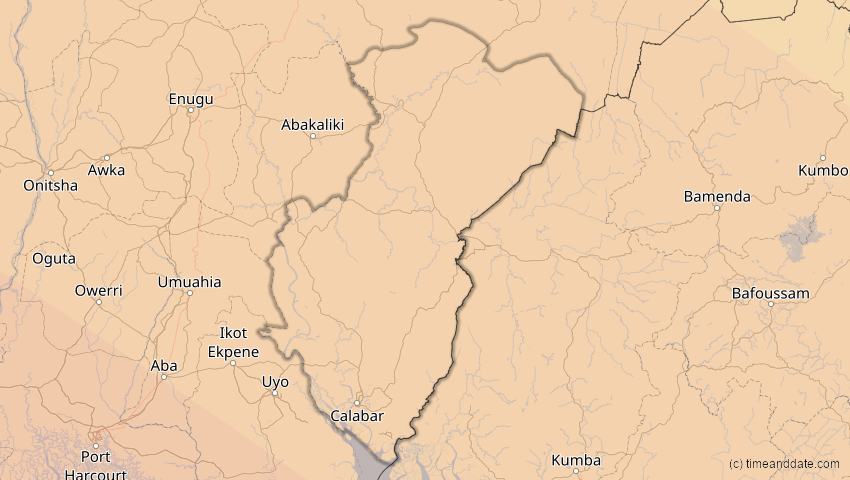 A map of Cross River, Nigeria, showing the path of the 24. Okt 2060 Ringförmige Sonnenfinsternis