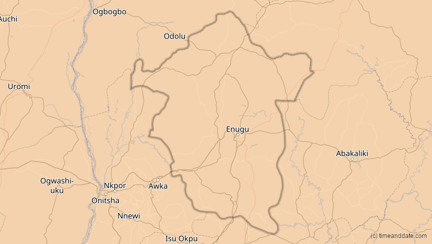 A map of Enugu, Nigeria, showing the path of the 24. Okt 2060 Ringförmige Sonnenfinsternis