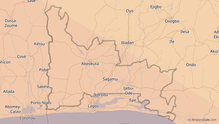 A map of Ogun, Nigeria, showing the path of the 24. Okt 2060 Ringförmige Sonnenfinsternis