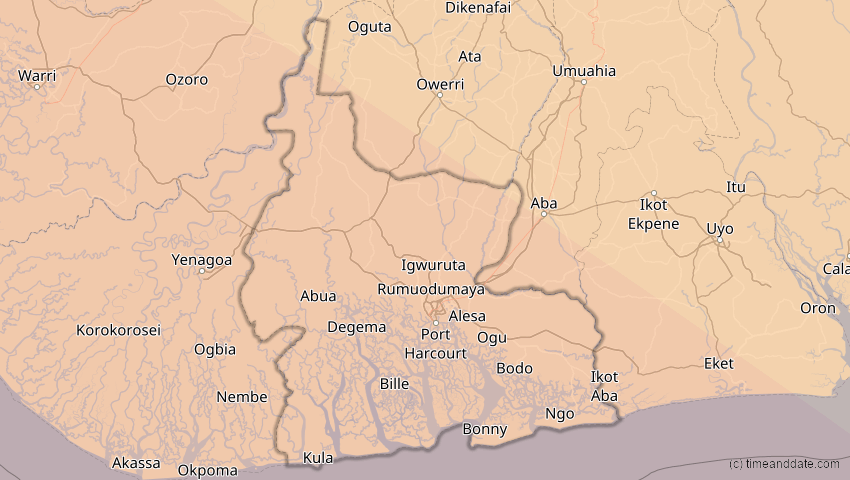 A map of Rivers, Nigeria, showing the path of the 24. Okt 2060 Ringförmige Sonnenfinsternis
